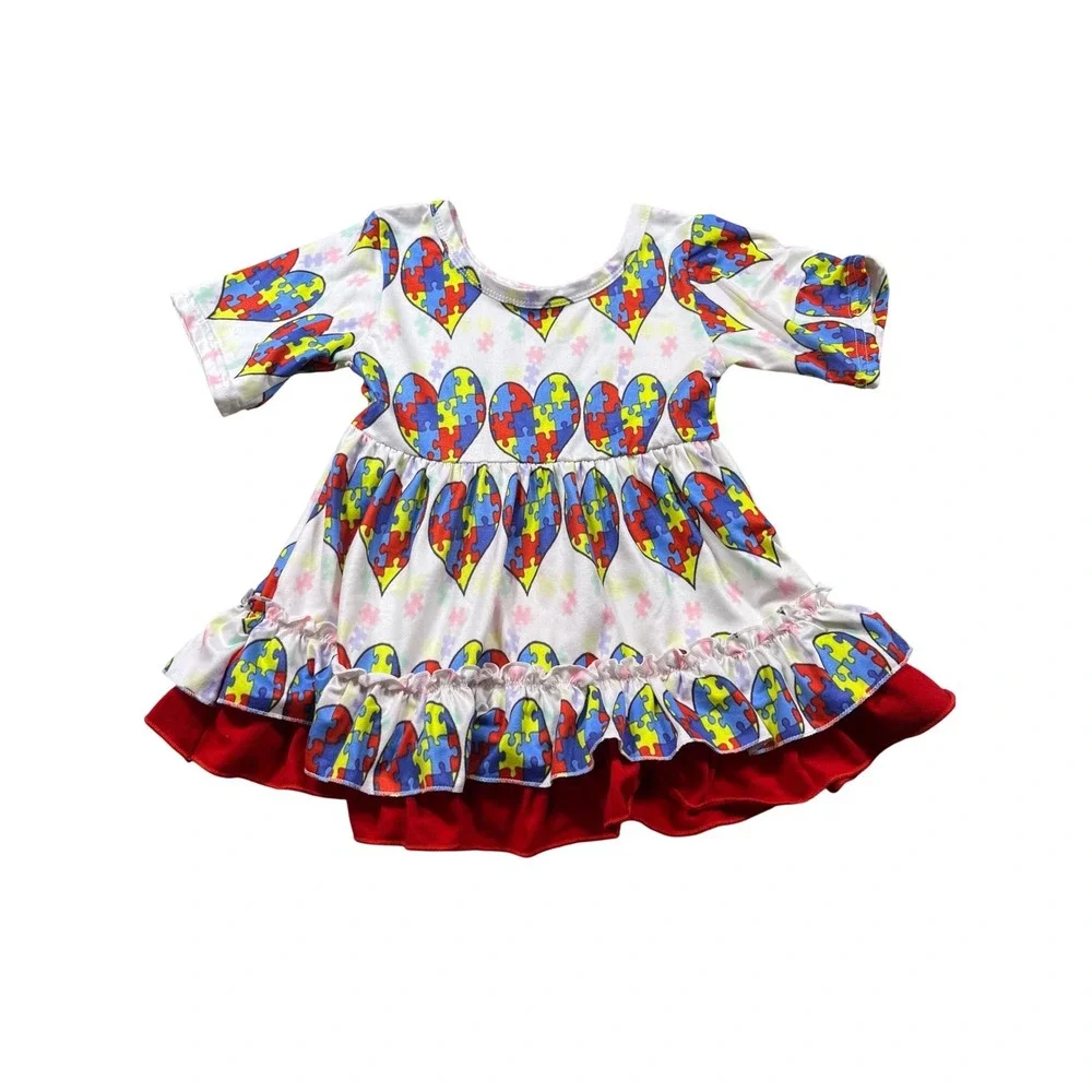 Autism Awareness‎ Girls Boutique Outfit Puzzle Heart Dress Red Ruffle Pants